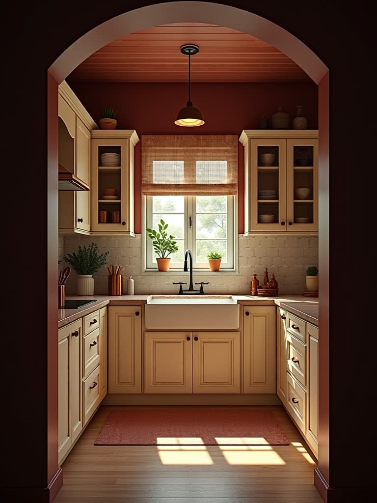  high quality portrait photo of a cozy kitchen with deep burgundy walls, cream colored cabinets, and copper accents, viewed through an arched doorway to create a sense of intimacy hyperrealistic, full body, detailed clothing, highly detailed, cinematic lighting, stunningly beautiful, intricate, sharp focus, f/1. 8, 85mm, (centered image composition), (professionally color graded), ((bright soft diffused light)), volumetric fog, trending on instagram, trending on tumblr, HDR 4K, 8K