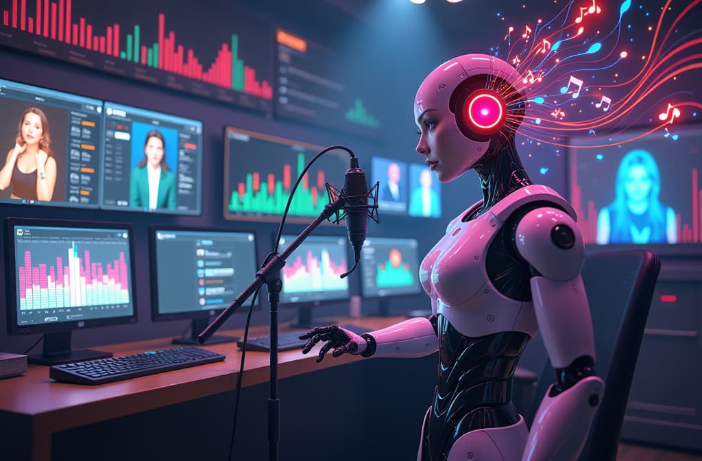  "create an imaginative digital artwork depicting a futuristic studio filled with high tech voice recording equipment. in the center, a charismatic humanoid robot with expressive features stands at a microphone, projecting colorful sound waves that take the form of various famous celebrity silhouettes. surrounding the studio, holographic screens display snippets of music notes and vibrant graphic equalizers, capturing the essence of creativity and innovation in voice generation. the atmosphere is lively and dynamic, with an ethereal glow illuminating the scene, symbolizing the intersection of technology and entertainment." hyperrealistic, full body, detailed clothing, highly detailed, cinematic lighting, stunningly beautiful, intricate, sharp focus, f/1. 8, 85mm, (centered image composition), (professionally color graded), ((bright soft diffused light)), volumetric fog, trending on instagram, trending on tumblr, HDR 4K, 8K