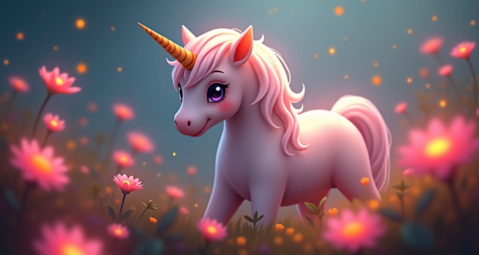  fantasy creature, possibly a unicorn, amidst glowing flowers. softly lit scene, hints of tension, magical undercurrent.. the style is digital art illustration,highly detailed, whimsical,magical, dreamlike atmosphere, realism and fantasy blend, smooth, glossy textures,luminous quality, wonder and enchantment.