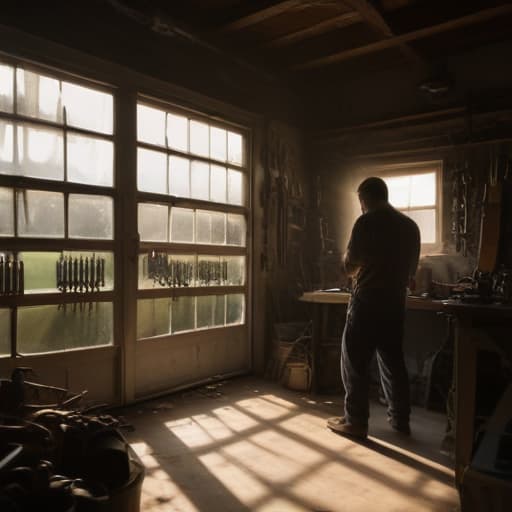 A photo of a mechanic inspecting a garage door in a dimly lit, cluttered garage during the late afternoon, with streams of sunlight piercing through the dusty windows, casting dramatic shadows on the tools and equipment scattered around.