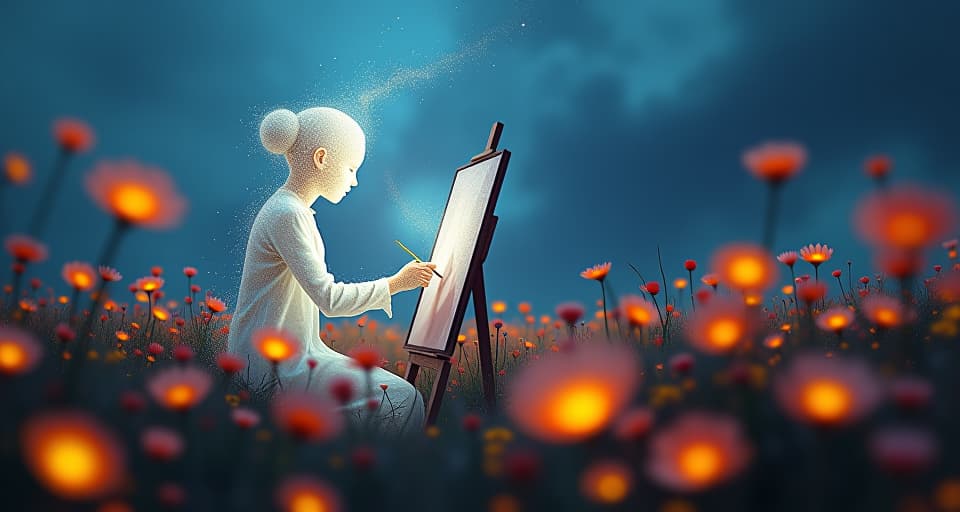  a luminous being painting an image of a person with blurred, chaotic outlines, in a meadow filled with glowing flowers. the scene exudes an aura of distorted reality and unsettling judgments.. the style is digital art illustration,highly detailed, whimsical,magical, dreamlike atmosphere, realism and fantasy blend, smooth, glossy textures,luminous quality, wonder and enchantment.