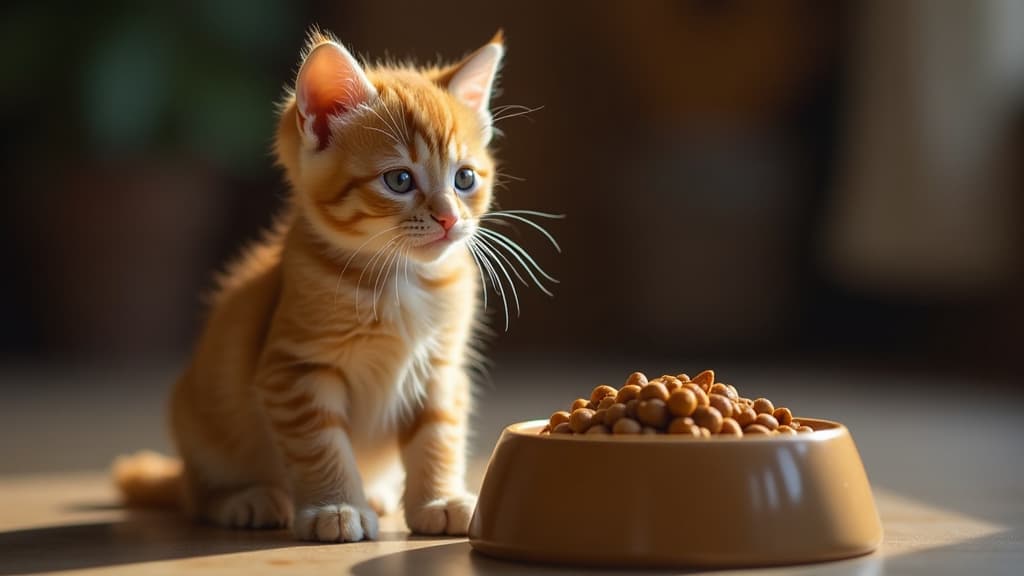  professional detailed photography, a small cute ginger tabby kitten sits next to a bowl of cat food, there is empty space for text on the right ar 16:9, (muted colors, dim colors, soothing tones), (vsco:0.3)