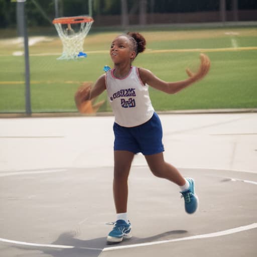 Generate a Small girl who Dunks. She’s on a basket court.