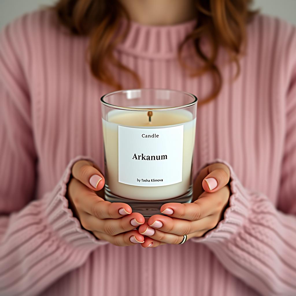  you are a professional photographer. take a picture of a candle in a glass holder with a wooden wick and a white label that says: candle arkanum by tasha klimova. the candle is in the hands of a girl, who holds it in her palms; her face is not visible, only her torso in a beautiful chunky knit pink sweater.