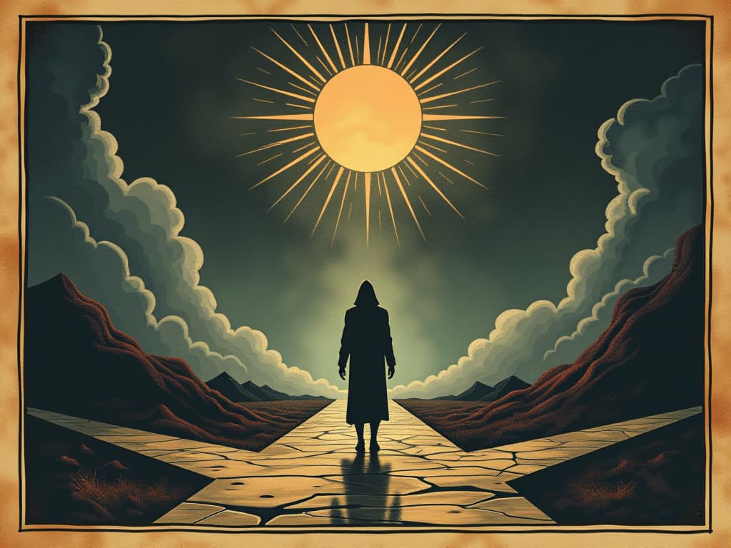  figure standing at a crossroads, clear path behind merging with the figure, guide symbolism, catalyst for change, surreal atmosphere. an illustration in the style of a worn, mystical old tarot trump card, mysterious and elements of surrealism. the colors are muted, somber and eerie, but with contrast bring out an occult and esoteric vibe.