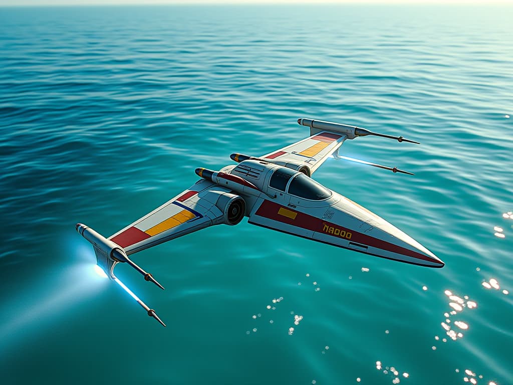  a breathtaking scene of a sunny day where the horizon meets the vibrant blue ocean, creating a striking backdrop. in this ultra realistic depiction, a sleek naboo starfighter is gracefully soaring across the sea, its shimmering golden and blue panels catching the sunlight. one wing dips slightly into the sparkling water below, sending gentle ripples outward. the starfighter is angled away from the viewer, skewing to the left as it glides effortlessly through the sky. the scene is filled with vivid colors, emphasizing the contrast between the cerulean sea, the bright sunlit sky, and the intricate details of the spacecraft, capturing the essence of adventure in a photorealistic style. ultra realistic, hypperrealistic, 4k, 8k hyperrealistic, full body, detailed clothing, highly detailed, cinematic lighting, stunningly beautiful, intricate, sharp focus, f/1. 8, 85mm, (centered image composition), (professionally color graded), ((bright soft diffused light)), volumetric fog, trending on instagram, trending on tumblr, HDR 4K, 8K