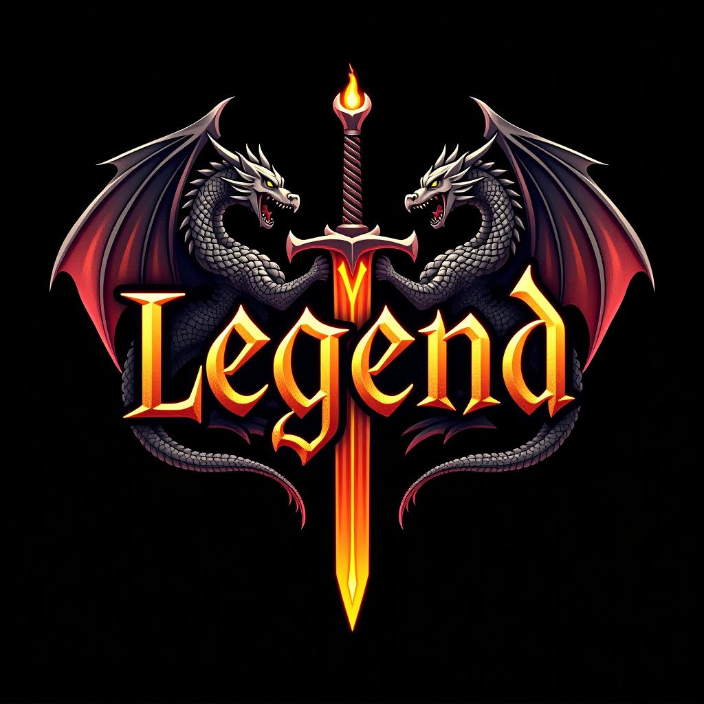  design a logo, custom sticker design on an isolated black background with the words ‘legend’ in bold font decorated by mythical dragons and a flaming sword