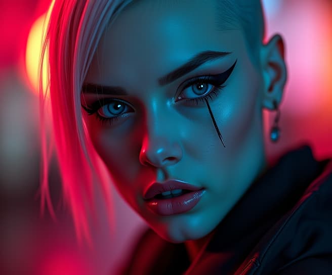  ultra realistic close up portrait ((beautiful pale cyberpunk female with heavy black eyeliner)), blue eyes, shaved side haircut, hyper detail, cinematic lighting, magic neon, dark red city, canon eos r3, nikon, f/1.4, iso 200, 1/160s, 8k, raw, unedited, symmetrical balance, in frame, 8k hyperrealistic, full body, detailed clothing, highly detailed, cinematic lighting, stunningly beautiful, intricate, sharp focus, f/1. 8, 85mm, (centered image composition), (professionally color graded), ((bright soft diffused light)), volumetric fog, trending on instagram, trending on tumblr, HDR 4K, 8K