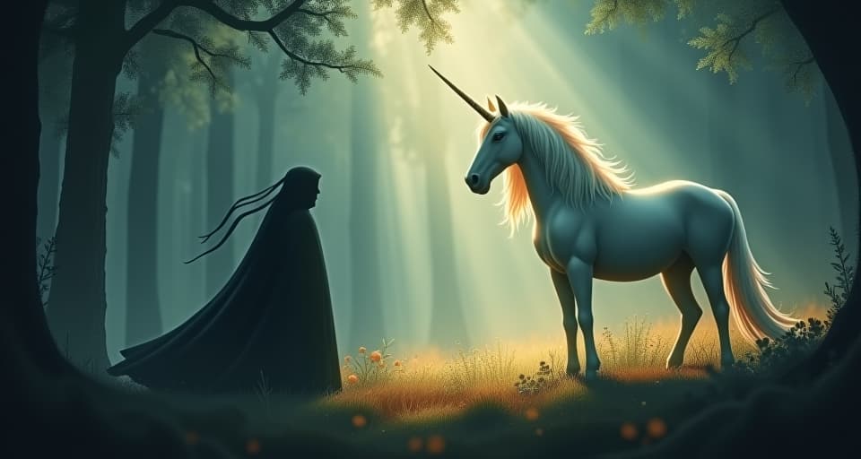  a shadowy figure approaching a majestic unicorn in an enchanted forest. around them, the atmosphere glows with magical light, symbolizing familiar tactics. enchanted forest, shadowy figure, magical approach.. the style is digital art illustration,highly detailed, whimsical,magical, dreamlike atmosphere, realism and fantasy blend, smooth, glossy textures,luminous quality, wonder and enchantment.