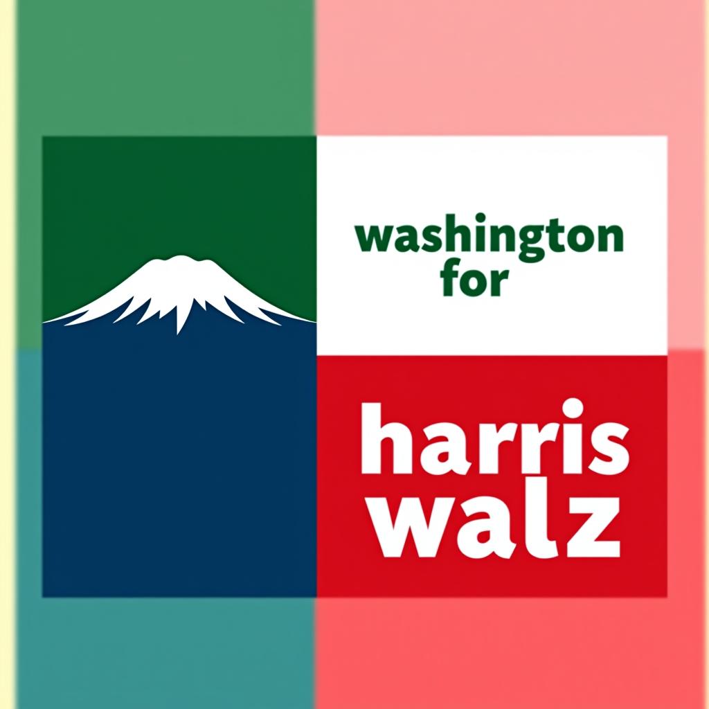  a design inspired by the washington state flag. the left side features a green vertical stripe with mt. rainer in the center. the right side is divided into two horizontal sections: the top section is white with the text 'washington for' in bold, green, uppercase letters, and the bottom section is red with the text 'harris walz' in bold, white, uppercase letters. the overall layout is clean and straightforward, with a clear and patriotic color scheme of blue, white, and red.