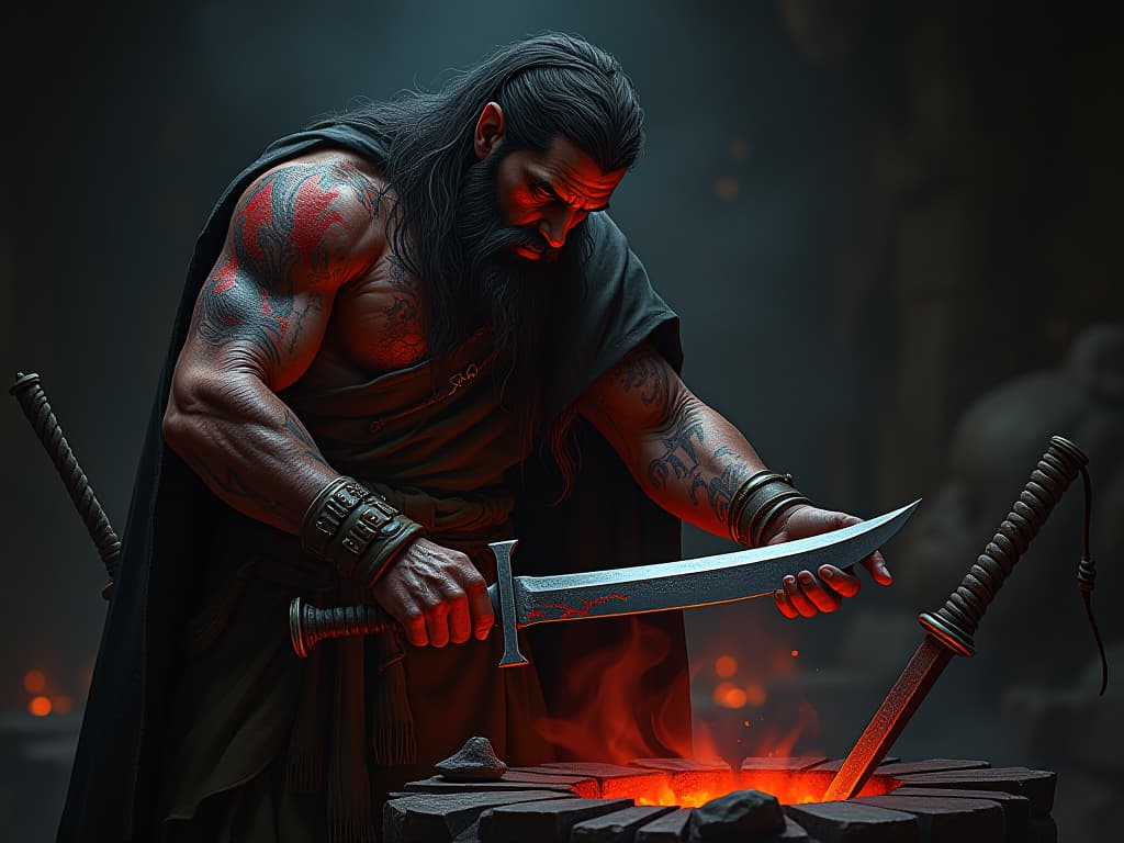  a scarred warrior honing a blade, scars visible as a testament to past battles. rustic forge, red hot embers, perseverance, learning from mistakes.. the style is dark fantasy and mysterious occult, symbolic, moody lighting, esoteric vibe,high detail on character design. for the color scheme emphasize blacks and reds.