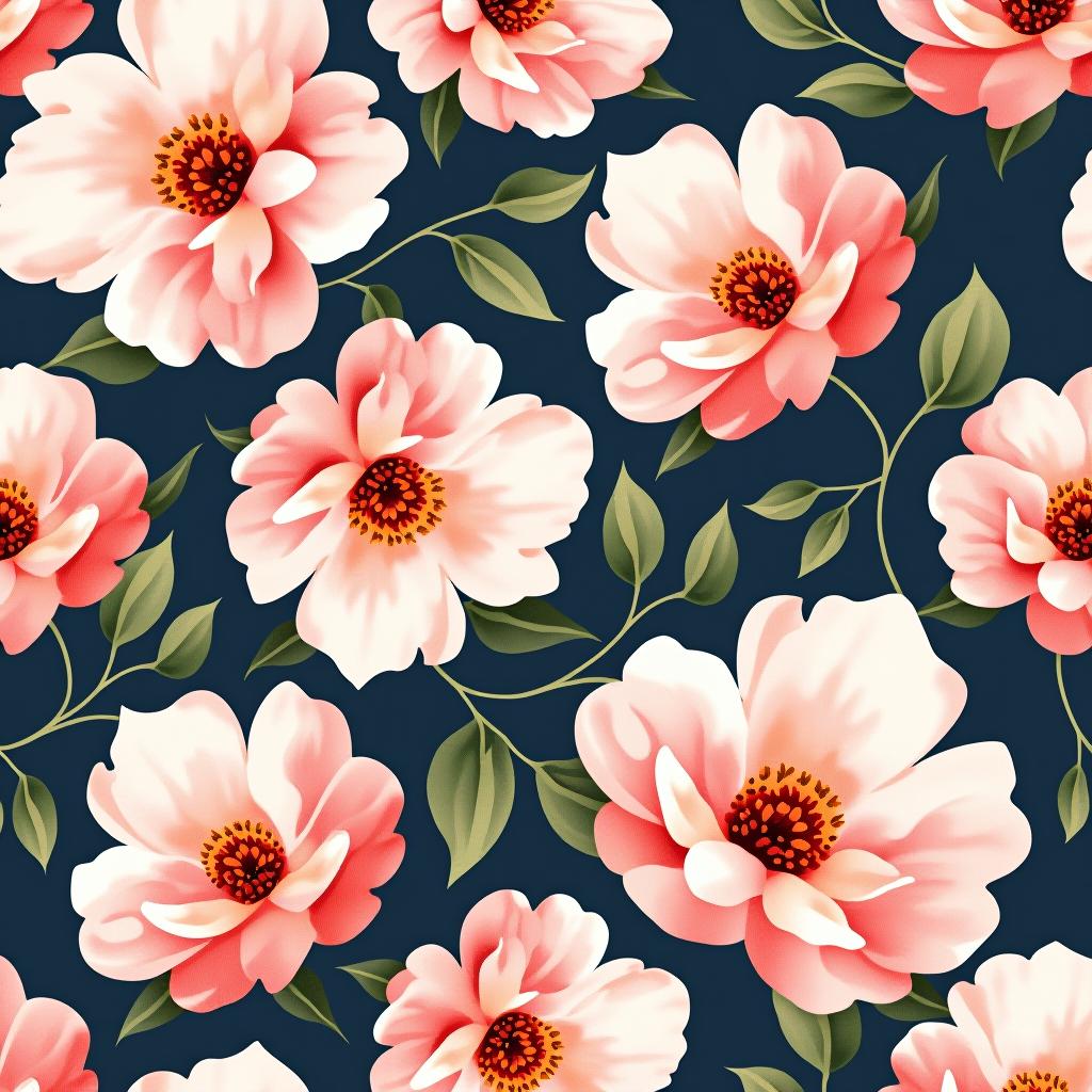  create a seamless digital design featuring a pattern of large, beautiful flowers with soft, watercolor like effects. the flowers should cover the entire surface, creating a bold, elegant, and continuous look. the overall style should be light and airy, with delicate leaves and petals to enhance the natural, floral theme. the design should be seamless to ensure it can be used in repeating patterns or wraps.