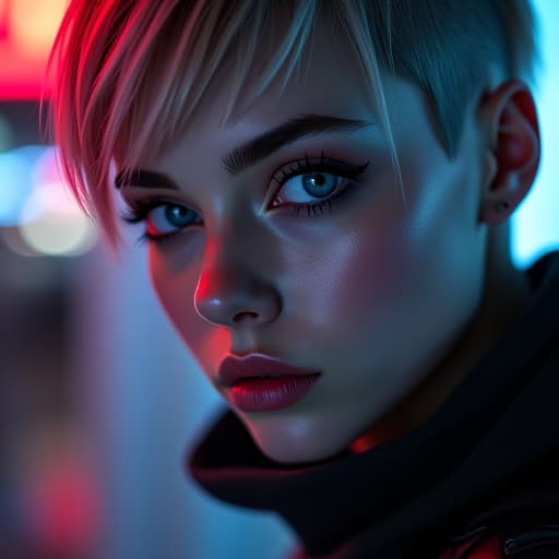  ultra realistic close up portrait ((beautiful pale cyberpunk female with heavy black eyeliner)), blue eyes, shaved side haircut, hyper detail, cinematic lighting, magic neon, dark red city, canon eos r3, nikon, f/1.4, iso 200, 1/160s, 8k, raw, unedited, symmetrical balance, in frame, 8k hyperrealistic, full body, detailed clothing, highly detailed, cinematic lighting, stunningly beautiful, intricate, sharp focus, f/1. 8, 85mm, (centered image composition), (professionally color graded), ((bright soft diffused light)), volumetric fog, trending on instagram, trending on tumblr, HDR 4K, 8K