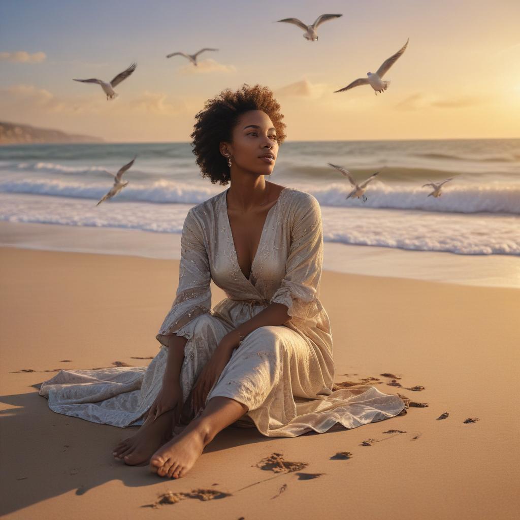 ((masterpiece)),(((best quality))), 8k, high detailed, ultra detailed, A black woman sitting on a beach, sand, ocean waves, seagulls flying overhead, (sun setting in the background) hyperrealistic, full body, detailed clothing, highly detailed, cinematic lighting, stunningly beautiful, intricate, sharp focus, f/1. 8, 85mm, (centered image composition), (professionally color graded), ((bright soft diffused light)), volumetric fog, trending on instagram, trending on tumblr, HDR 4K, 8K