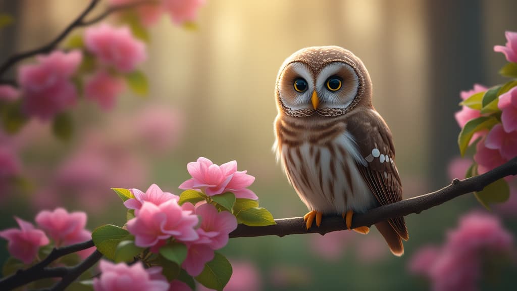  cute owl perched on branch with pink flowers in magical forest, high quality, high details, hd, perfect composition, 4k epic detailed, highly detailed, sharp focus, high resolution