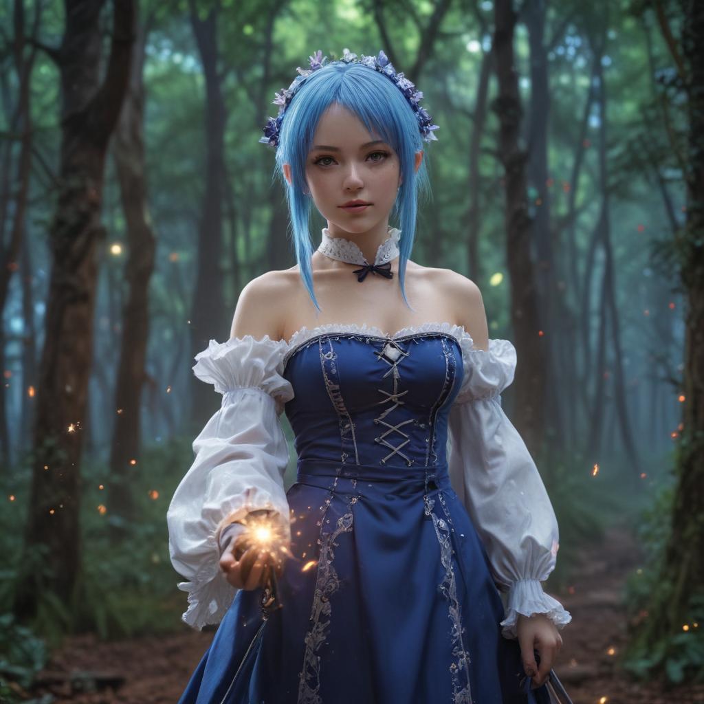 ((masterpiece)),(((best quality))), 8k, high detailed, ultra detailed, Rem from Re:Zero, a girl with blue hair and maid outfit, holding a morning star weapon, standing in a fantasy forest, surrounded by glowing fireflies hyperrealistic, full body, detailed clothing, highly detailed, cinematic lighting, stunningly beautiful, intricate, sharp focus, f/1. 8, 85mm, (centered image composition), (professionally color graded), ((bright soft diffused light)), volumetric fog, trending on instagram, trending on tumblr, HDR 4K, 8K