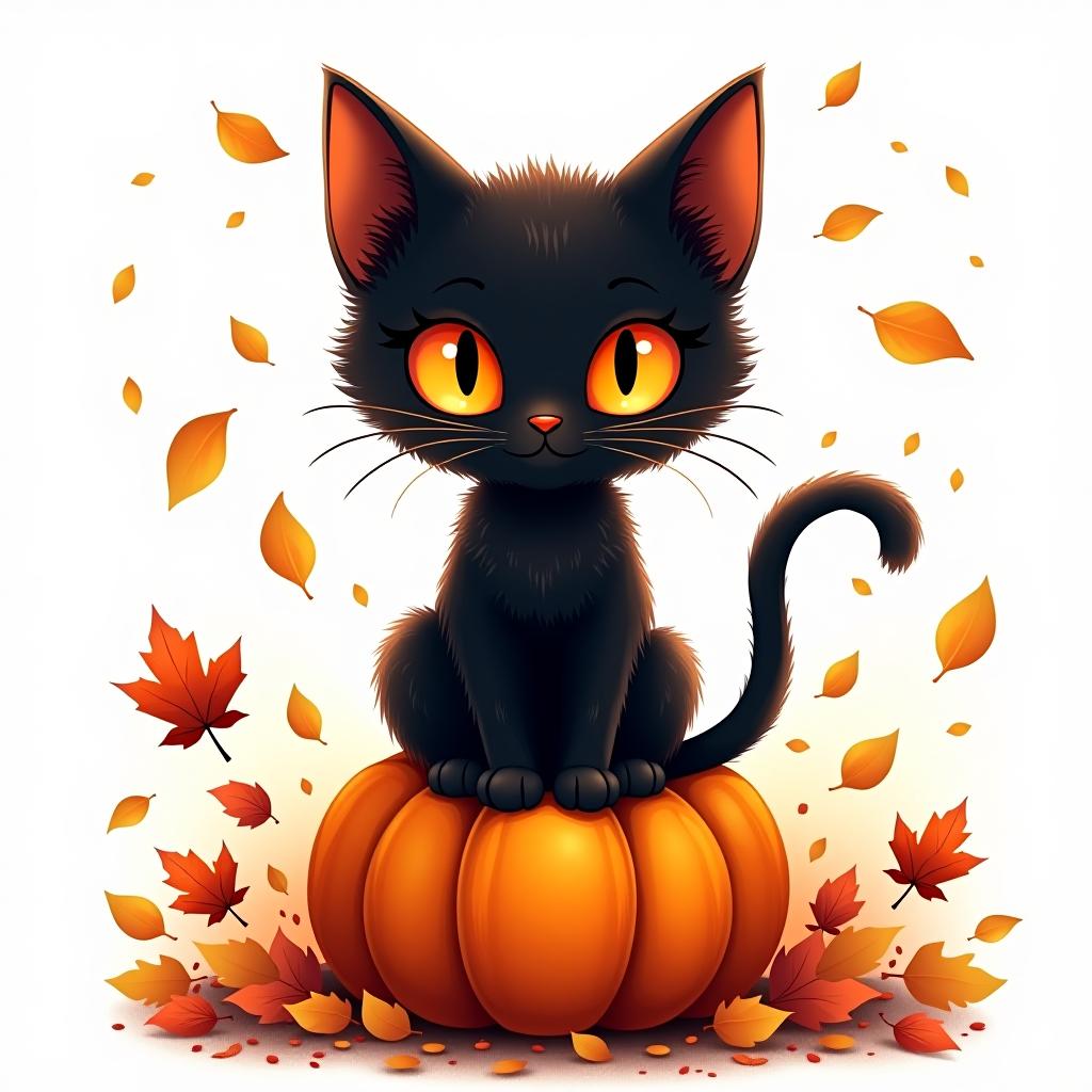  a cute black cat with glowing eyes sitting on a pumpkin, surrounded by swirling autumn leaves in a whimsical style, with warm, moody lighting. t shirt design, vector, contour, white background, no mockup hyperrealistic, full body, detailed clothing, highly detailed, cinematic lighting, stunningly beautiful, intricate, sharp focus, f/1. 8, 85mm, (centered image composition), (professionally color graded), ((bright soft diffused light)), volumetric fog, trending on instagram, trending on tumblr, HDR 4K, 8K