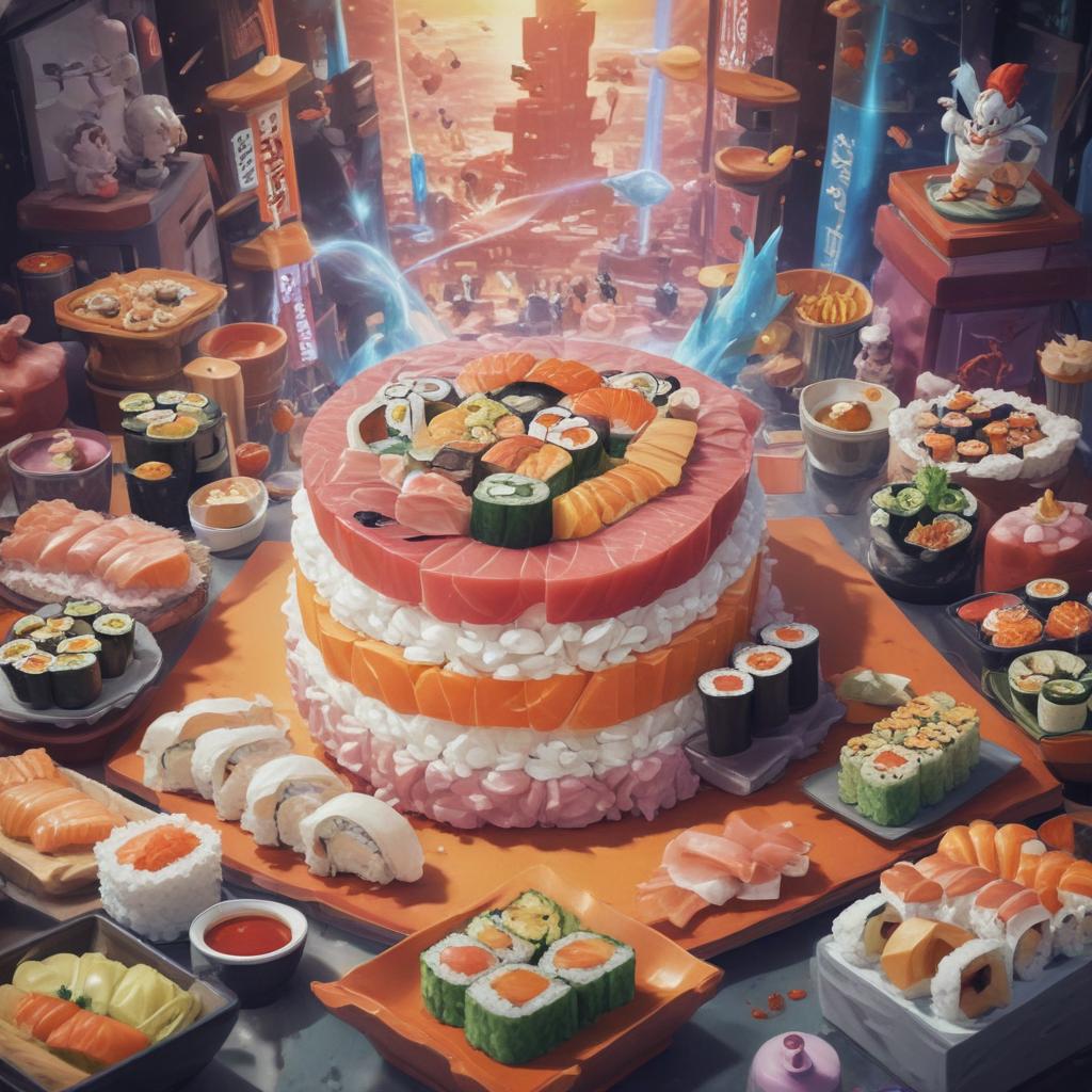 distance-shot, flashy, full-body, dynamic, holographic, animated cartoon poster of sushi scene in the style of dragon ball super