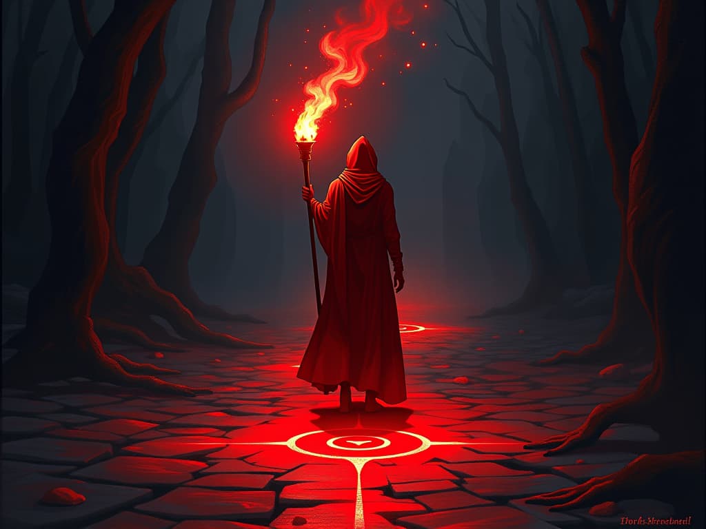  torchbearer in red, illuminating dark path, ground paved with symbols of love and strength, air of guiding presence. the style is digital art illustration / modern comic book / graphic dark novel fantasy and mysterious occult, symbolic, moody lighting, esoteric vibe,high detail on character design. for the color scheme emphasize blacks and reds.