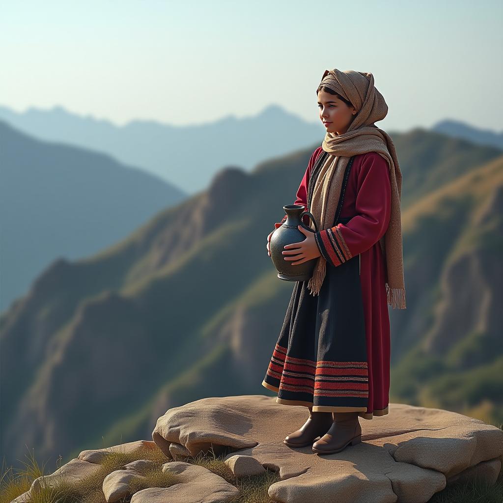  a girl from the caucasus in traditional attire stands on the edge of a high mountain, holding a jug in her hands and wearing a large scarf on her head. style: raw.