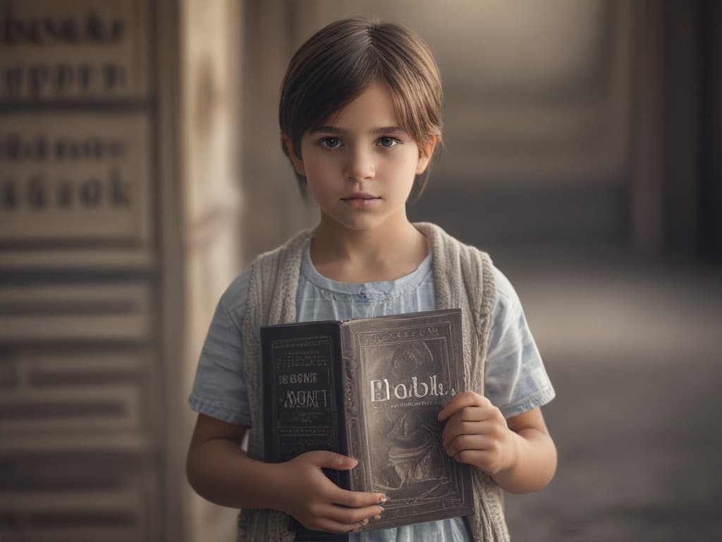 ultra realistic ((ultra realistic ((a child holding a book with the word 'about' on the cover)))) hyperrealistic, full body, detailed clothing, highly detailed, cinematic lighting, stunningly beautiful, intricate, sharp focus, f/1. 8, 85mm, (centered image composition), (professionally color graded), ((bright soft diffused light)), volumetric fog, trending on instagram, trending on tumblr, HDR 4K, 8K