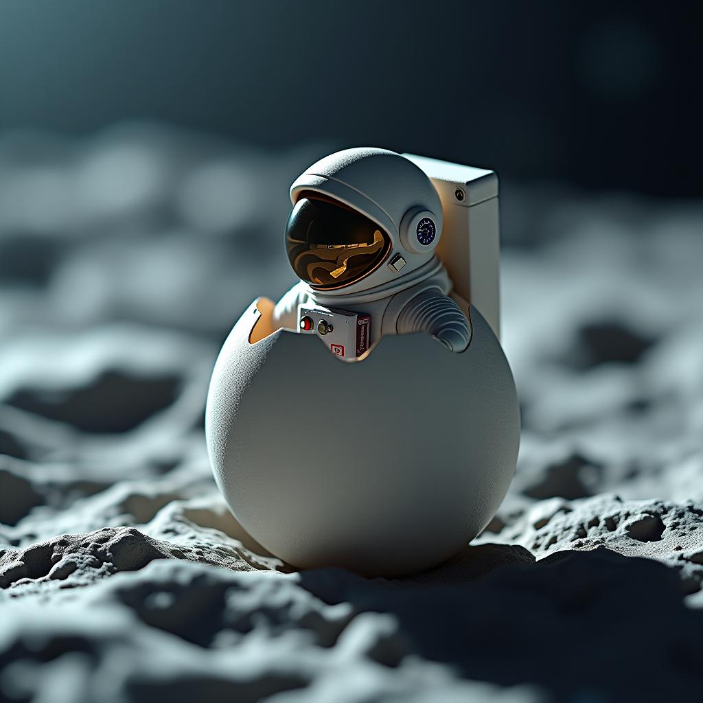  a tiny astronaut hatching from an egg on the moon hyperrealistic, full body, detailed clothing, highly detailed, cinematic lighting, stunningly beautiful, intricate, sharp focus, f/1. 8, 85mm, (centered image composition), (professionally color graded), ((bright soft diffused light)), volumetric fog, trending on instagram, trending on tumblr, HDR 4K, 8K