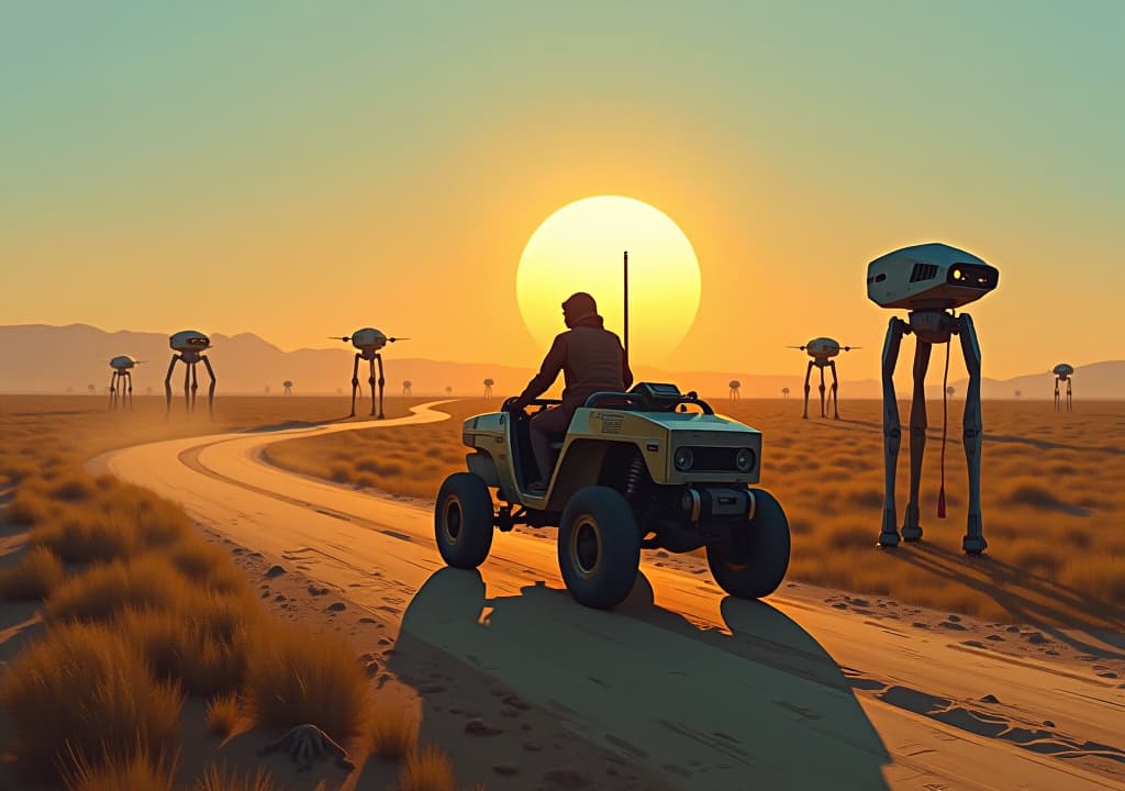  a medium shot of a human riding a makeshift vehicle through a landscape dotted with defunct drones and ai constructs. the sun is rising, casting long shadows over the remnants of technology, symbolizing a new dawn for humanity. oil painting illustration in the style of simon stalenhag.