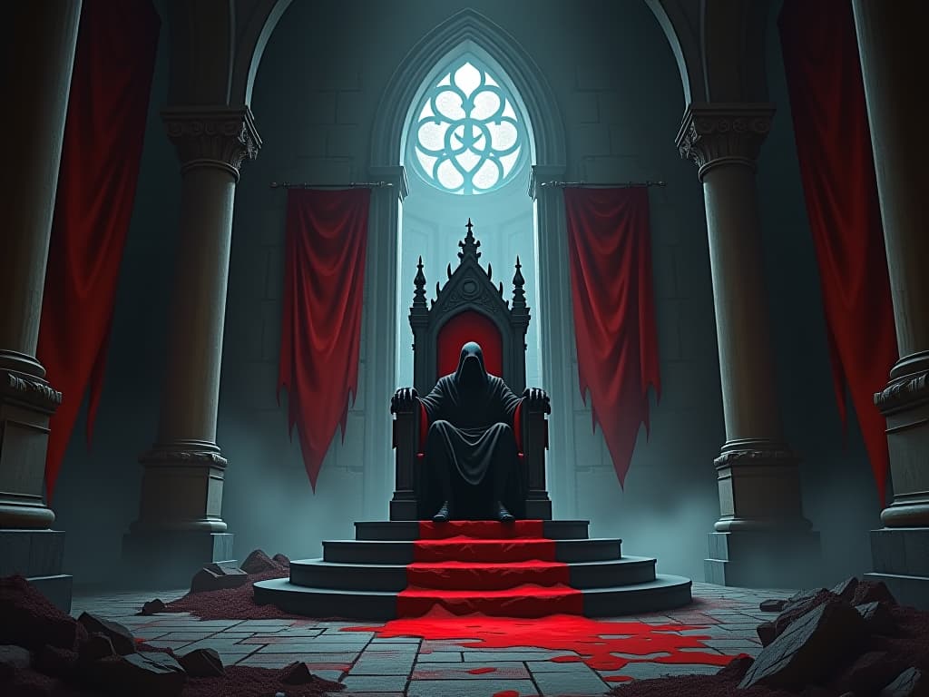  a broken throne in an abandoned castle, tattered banners, desolate hall, echo of power lost.. the style is dark fantasy and mysterious occult, symbolic, moody lighting, esoteric vibe,high detail on character design. for the color scheme emphasize blacks and reds.