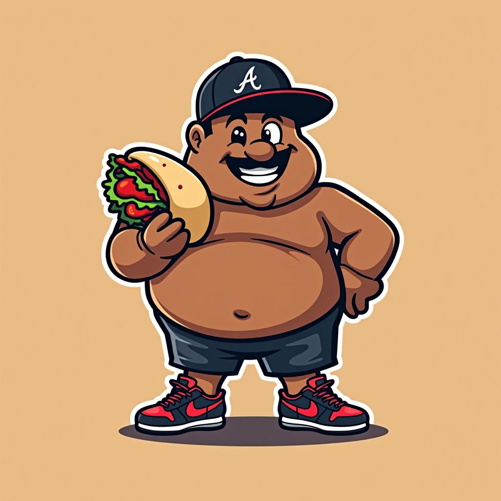  design a logo, chubby mexican with a big burrito wearing a atlanta braves hat with nike cortez shoes , with the text 'carlitos burritos'.