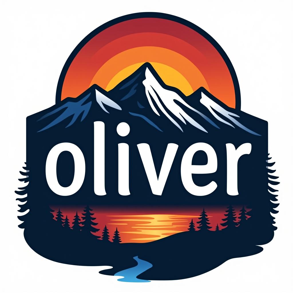  design a logo, custom sticker design on an isolated white background with the bold words ‘oliver’ with a backdrop of a mountain range, and silhouettes of pine trees at sunset