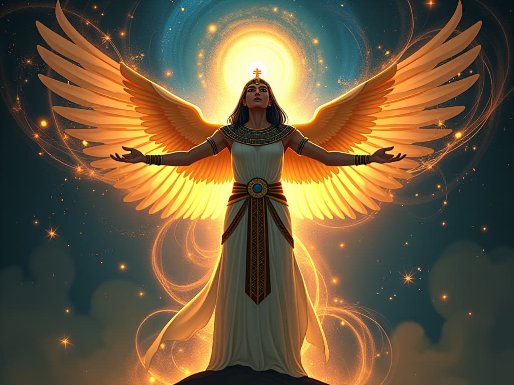  a divine figure, surrounded by swirling galaxies, radiant light emanating from them, symbolizing embodiment of cosmic forces. the style is digital art illustration / modern comic book / mysterious occult, symbolic, esoteric vibe,high detail on character design, incorporating ancient egyptian symbology and attire.