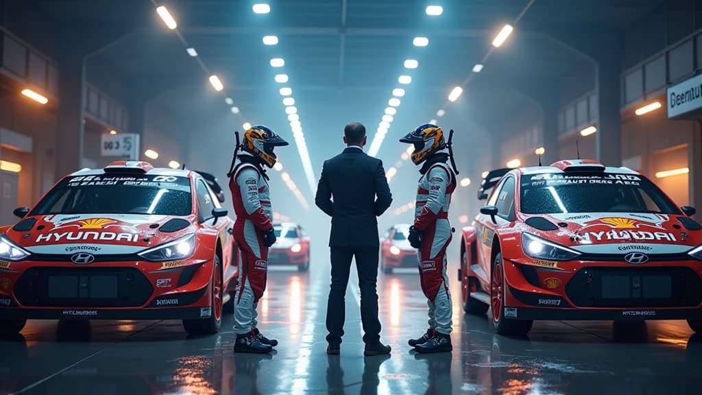  create an ultra realistic image showcasing the high stakes decision making process at hyundai for the 2025 world rally championship. in the center, depict thierry neuville and ott tänak in detailed racing gear, negotiating contracts with cyril abiteboul. surround them with dramatic lighting and futuristic rally cars, symbolizing their pivotal roles. include subtle nods to andreas mikkelsen and dani sordo's past successes. ensure hyundai's logo prominently displayed on the cars, and add a sense