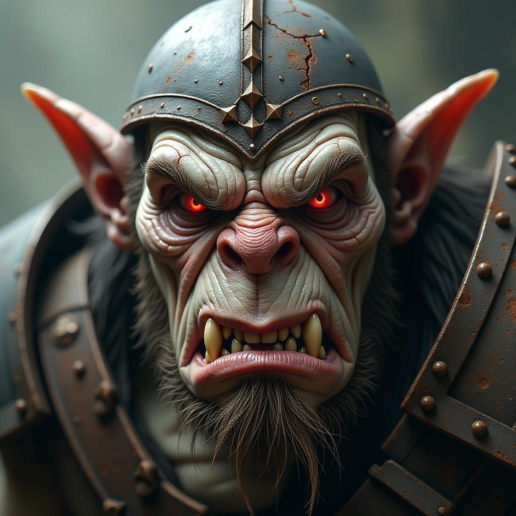  visualize a detailed close up of a fearsome orc. the orc's pale, ashy skin (rgb: 229, 228, 226) is deeply wrinkled and scarred, contributing to a weathered texture indicative of numerous battles. its face is notably deformed, with a misshapen nose, sharp broken teeth, and piercing glowing red eyes (rgb: 255, 0, 0). long, pointed ears extend outward, and its mouth is contorted into a snarl. adding to its menacing aura, the orc dons a rusty, jagged metal helmet, marked with cracks. the mood is intense and intimidating.