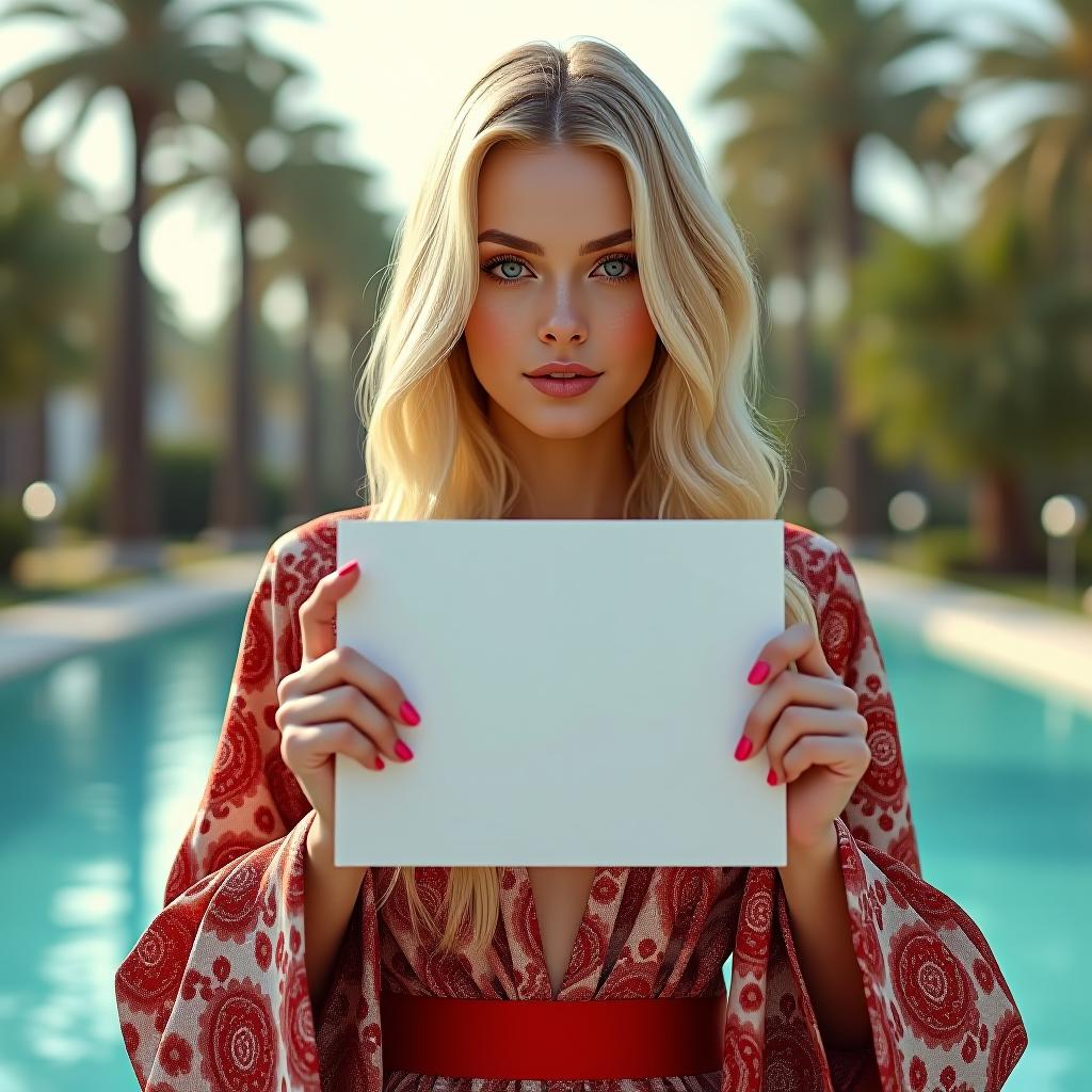  a woman, blonde , close up, medium s, holding an empty plaque, pool and palms at the background hyperrealistic, full body, detailed clothing, highly detailed, cinematic lighting, stunningly beautiful, intricate, sharp focus, f/1. 8, 85mm, (centered image composition), (professionally color graded), ((bright soft diffused light)), volumetric fog, trending on instagram, trending on tumblr, HDR 4K, 8K