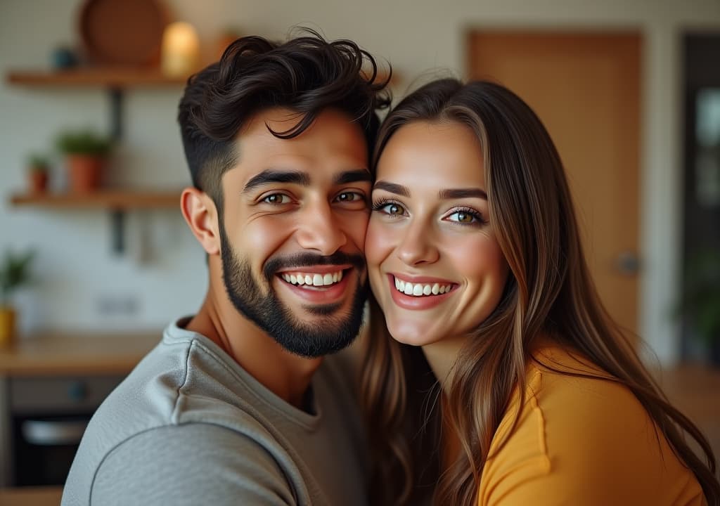  happy young latin couple looking at camera, at home