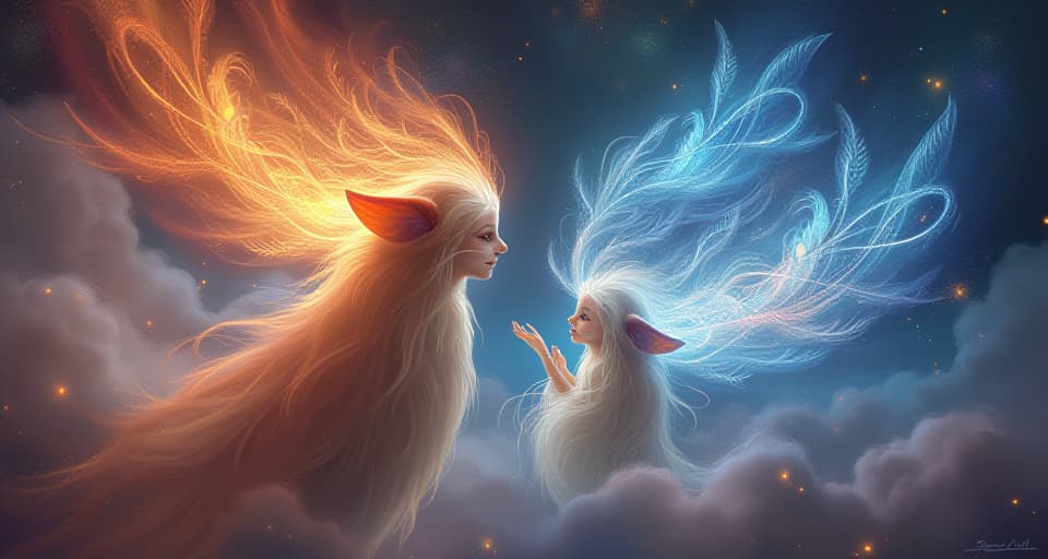  ethereal beings sensing energies, vivid auras surrounding. attuned, perceptive, luminous interaction.. the style is digital art illustration,highly detailed, whimsical,magical, dreamlike atmosphere, realism and fantasy blend, smooth, glossy textures,luminous quality, wonder and enchantment.