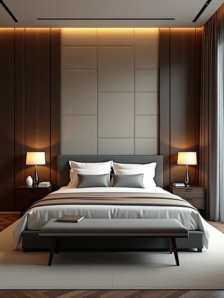  high quality portrait photo of an elegant modern bedroom featuring a statement wall with geometric patterns, contrasting with simple, clean lined furniture hyperrealistic, full body, detailed clothing, highly detailed, cinematic lighting, stunningly beautiful, intricate, sharp focus, f/1. 8, 85mm, (centered image composition), (professionally color graded), ((bright soft diffused light)), volumetric fog, trending on instagram, trending on tumblr, HDR 4K, 8K