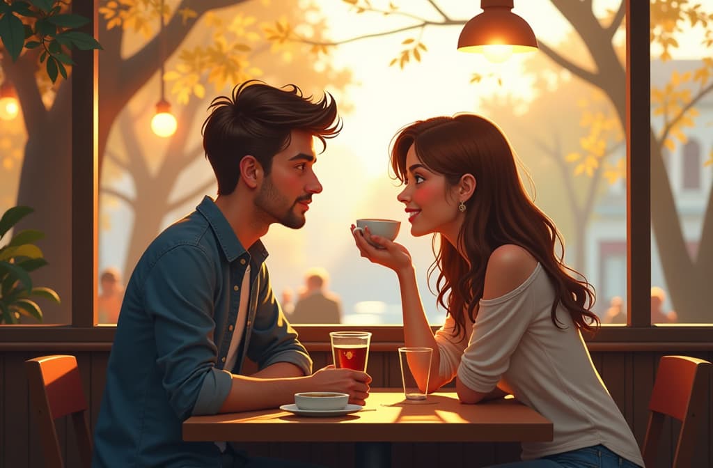  a couple in love chatting at a cafe ar 3:2 {prompt}, maximum details