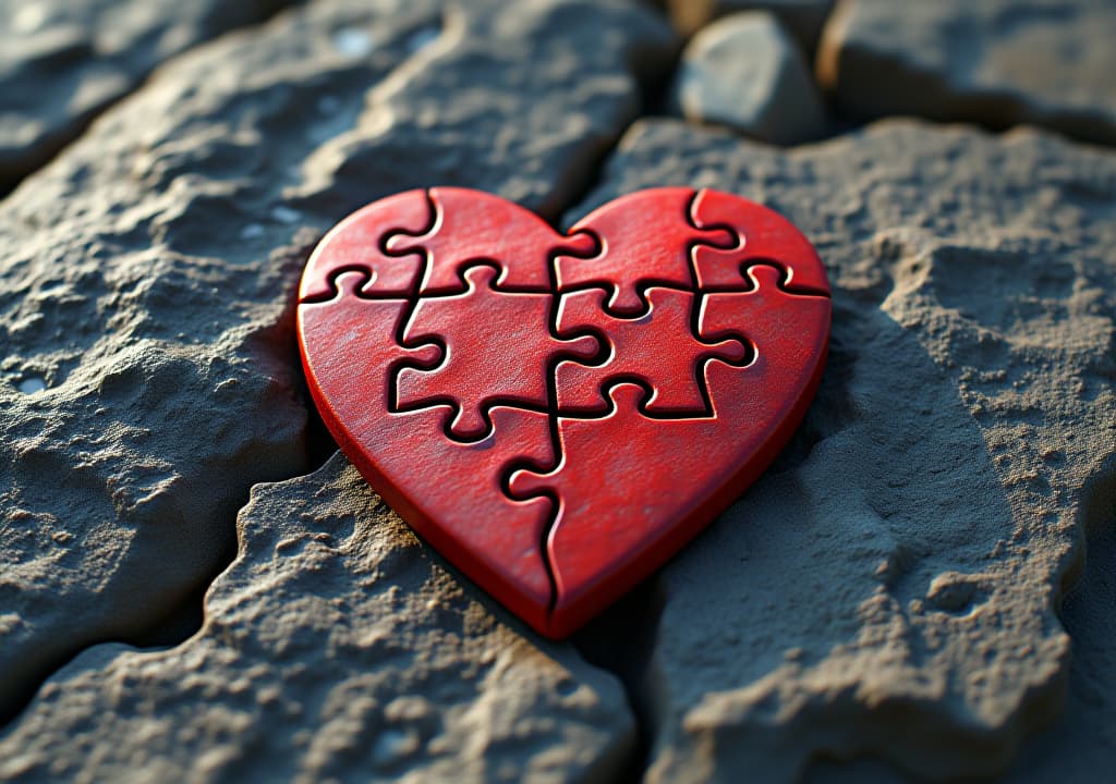  a heart made of puzzle pieces is on a rocky surface