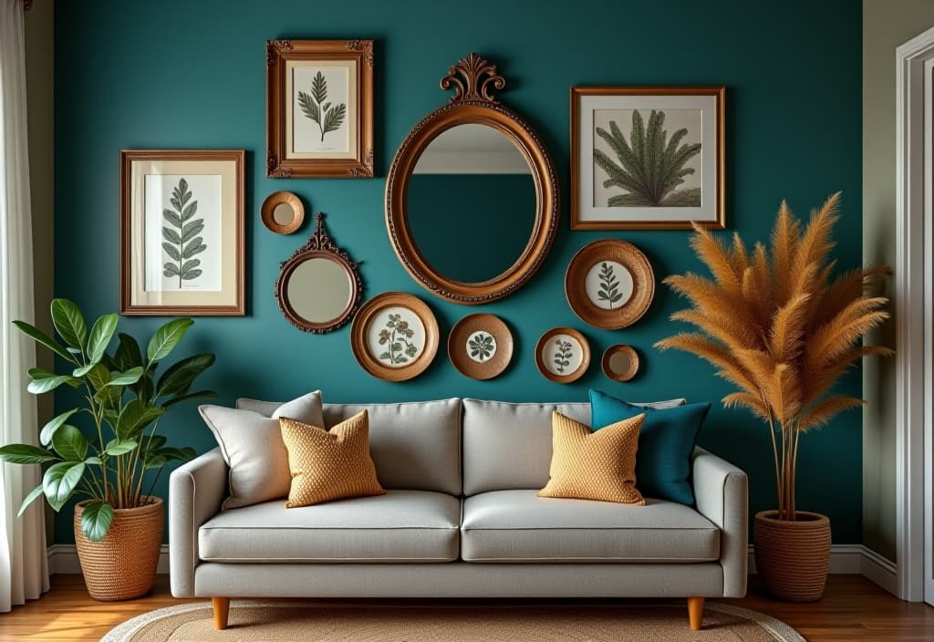  a landscape photo of an eclectic gallery wall featuring vintage mirrors, framed botanical prints, and woven baskets against a deep teal accent wall hyperrealistic, full body, detailed clothing, highly detailed, cinematic lighting, stunningly beautiful, intricate, sharp focus, f/1. 8, 85mm, (centered image composition), (professionally color graded), ((bright soft diffused light)), volumetric fog, trending on instagram, trending on tumblr, HDR 4K, 8K