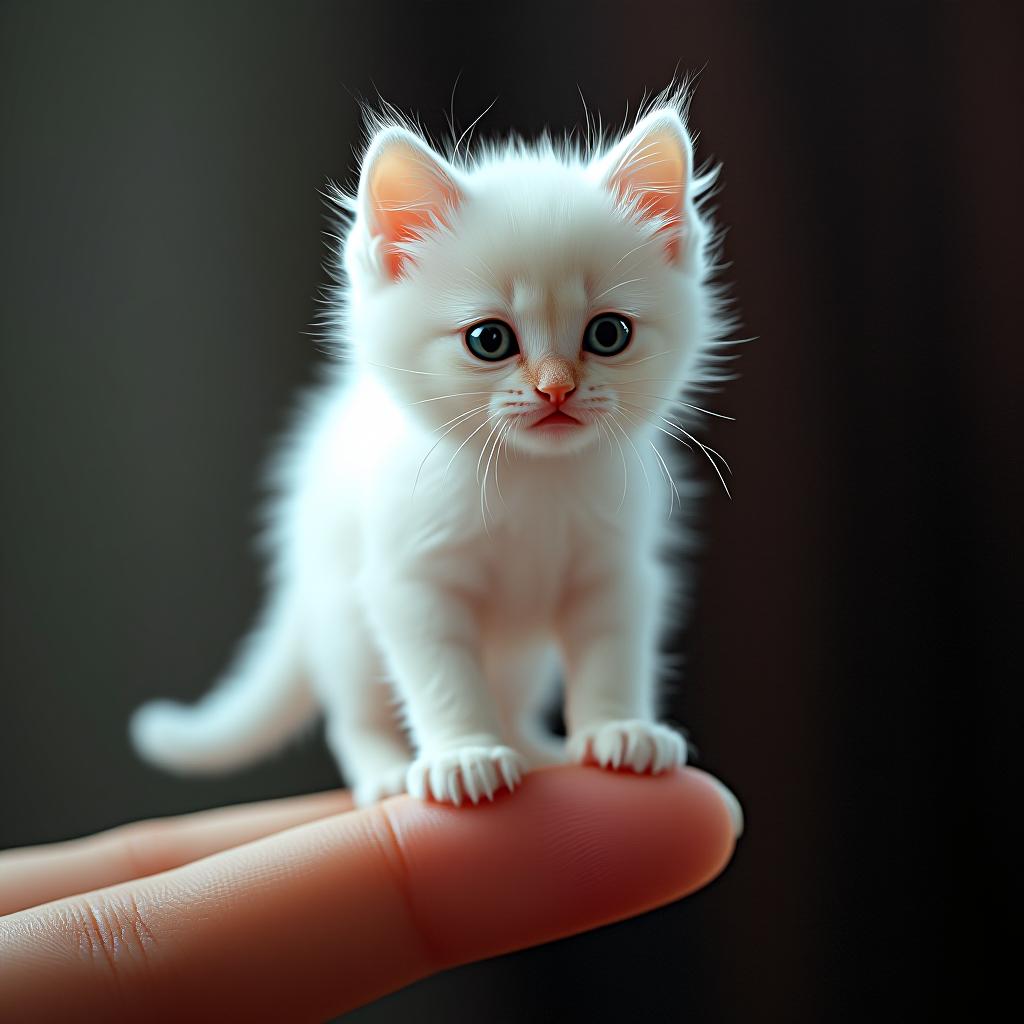  a high quality macro photo of a cute super tiny white ragdoll kitten standing delicately on the end of a pointed human index finger, all four paws on the finger, walking towards the base hyperrealistic, full body, detailed clothing, highly detailed, cinematic lighting, stunningly beautiful, intricate, sharp focus, f/1. 8, 85mm, (centered image composition), (professionally color graded), ((bright soft diffused light)), volumetric fog, trending on instagram, trending on tumblr, HDR 4K, 8K