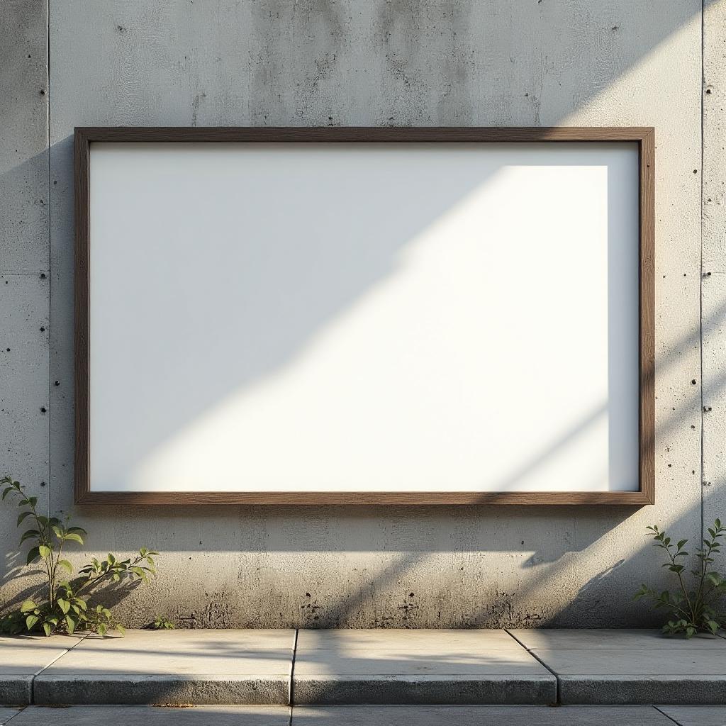  blank billboard on a weathered concrete wall with sunlight shining through., high quality, high details, hd, perfect composition, 4k epic detailed, highly detailed, sharp focus, high resolution