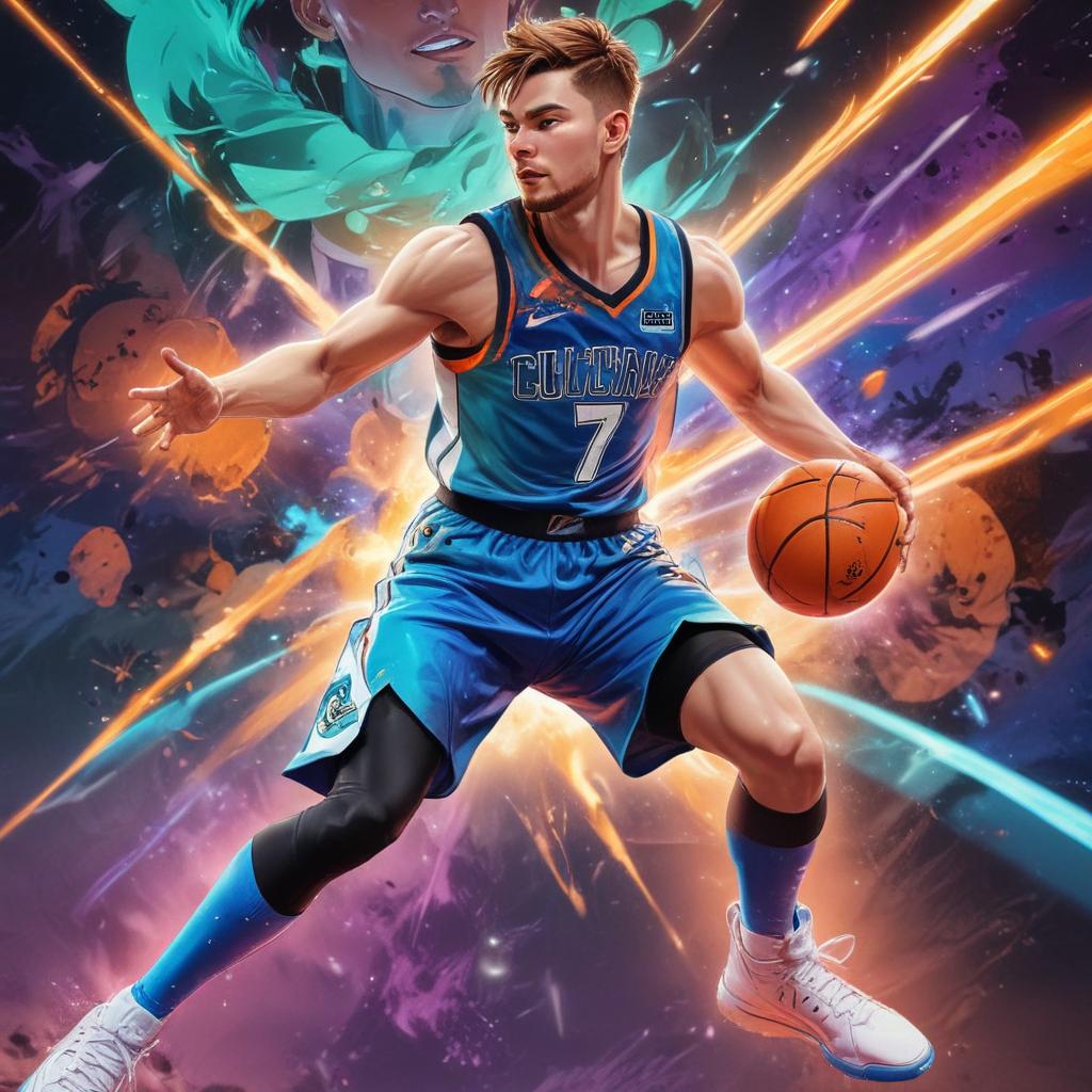 distance-shot, flashy, full-body, dynamic, holographic, animated cartoon poster of luka doncic in the style of dragon ball super