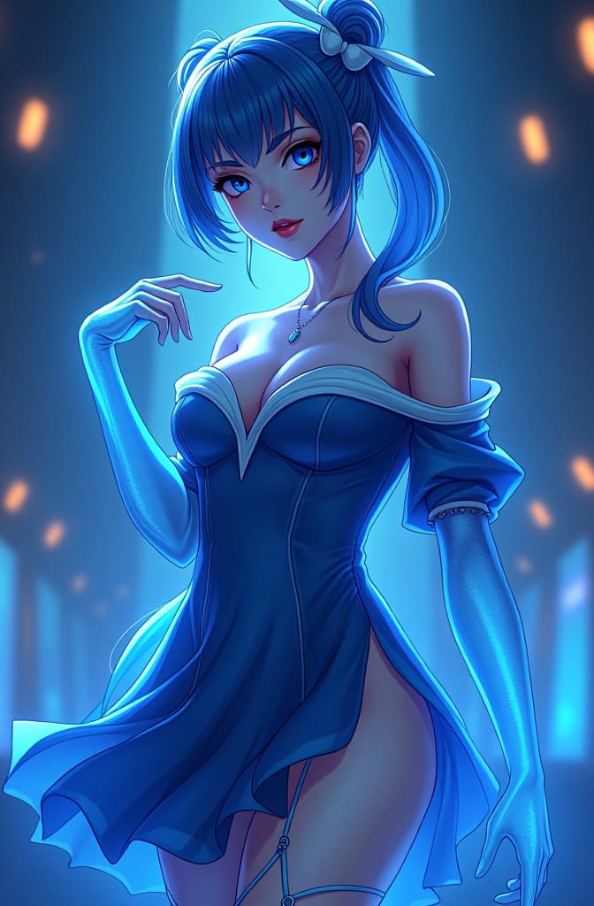  anime girl, blue color, glam, power, glowing lights intricate, elegant, highly detailed, digital painting, artstation, concept art, smooth, sharp focus, illustration, art by artgerm and greg rutkowski and fra angelico and unreal engine 5 hyperrealistic, full body, detailed clothing, highly detailed, cinematic lighting, stunningly beautiful, intricate, sharp focus, f/1. 8, 85mm, (centered image composition), (professionally color graded), ((bright soft diffused light)), volumetric fog, trending on instagram, trending on tumblr, HDR 4K, 8K