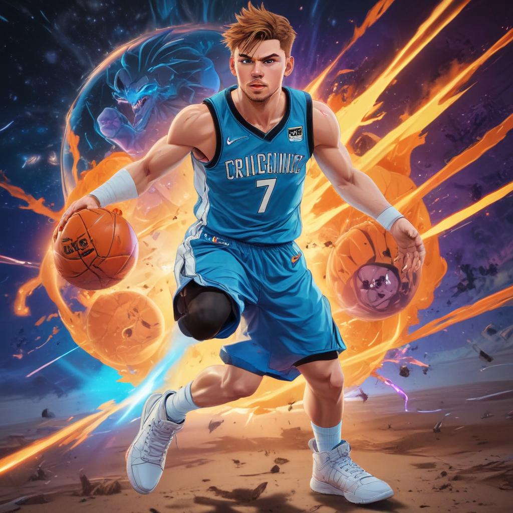 distance-shot, flashy, full-body, dynamic, holographic, animated cartoon poster of luka doncic in the style of dragon ball super