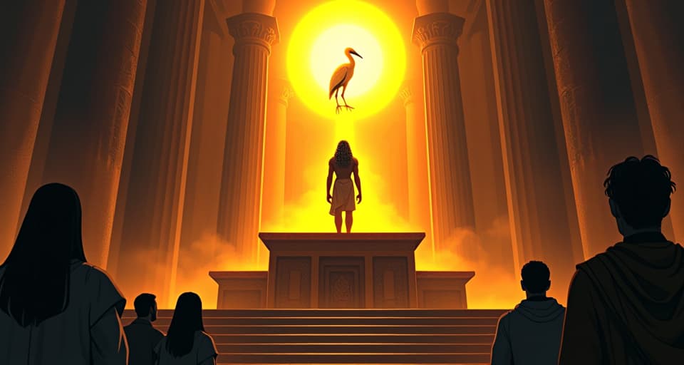  illuminated temple altar, a sacred ibis perched, onlookers below, figure standing in a halo of light above, transcending earthly concerns. the style is digital art illustration / modern comic book / mysterious occult, symbolic, esoteric vibe,high detail on character design, incorporating ancient egyptian symbology and attire.