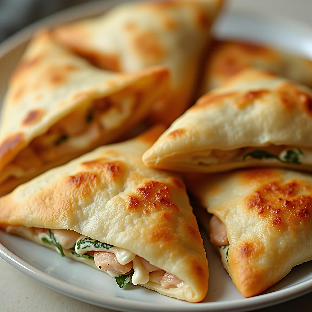  triangles made from thin lavash, filled with chicken, herbs, and cream cheese, with the edges cut to reveal the filling, are beautifully arranged on a plate.