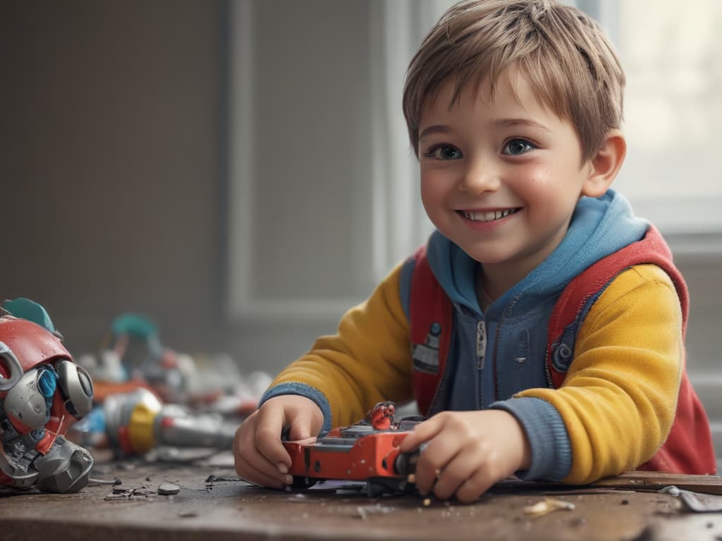 ultra realistic ((ultra realistic ((A child repairing a broken toy and smiling afterward.)))) hyperrealistic, full body, detailed clothing, highly detailed, cinematic lighting, stunningly beautiful, intricate, sharp focus, f/1. 8, 85mm, (centered image composition), (professionally color graded), ((bright soft diffused light)), volumetric fog, trending on instagram, trending on tumblr, HDR 4K, 8K