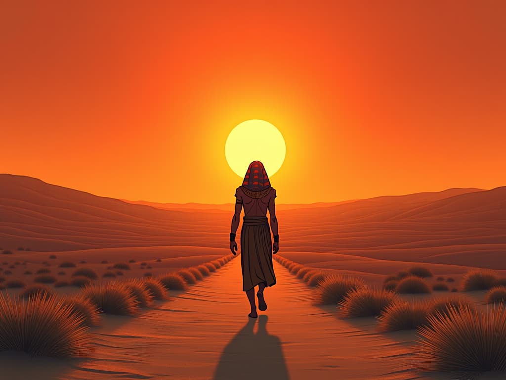  an ancient egyptian figure walking through a solitary desert path, the sun setting in the horizon. the figure's posture one of determination, surrounded by vast openness, symbolizing a destined journey of isolation.. the style is digital art illustration / modern comic book / mysterious occult, symbolic, esoteric vibe,high detail on character design, incorporating ancient egyptian symbology and attire.