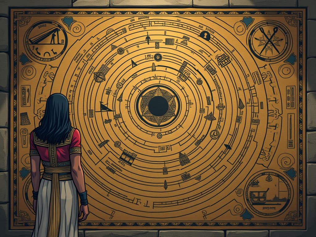  schematic of an evolving labyrinth, dynamic and ever changing, a map drawn on a stone tablet. the style is digital art illustration / modern comic book / mysterious occult, symbolic, esoteric vibe,high detail on character design, incorporating ancient egyptian symbology and attire.